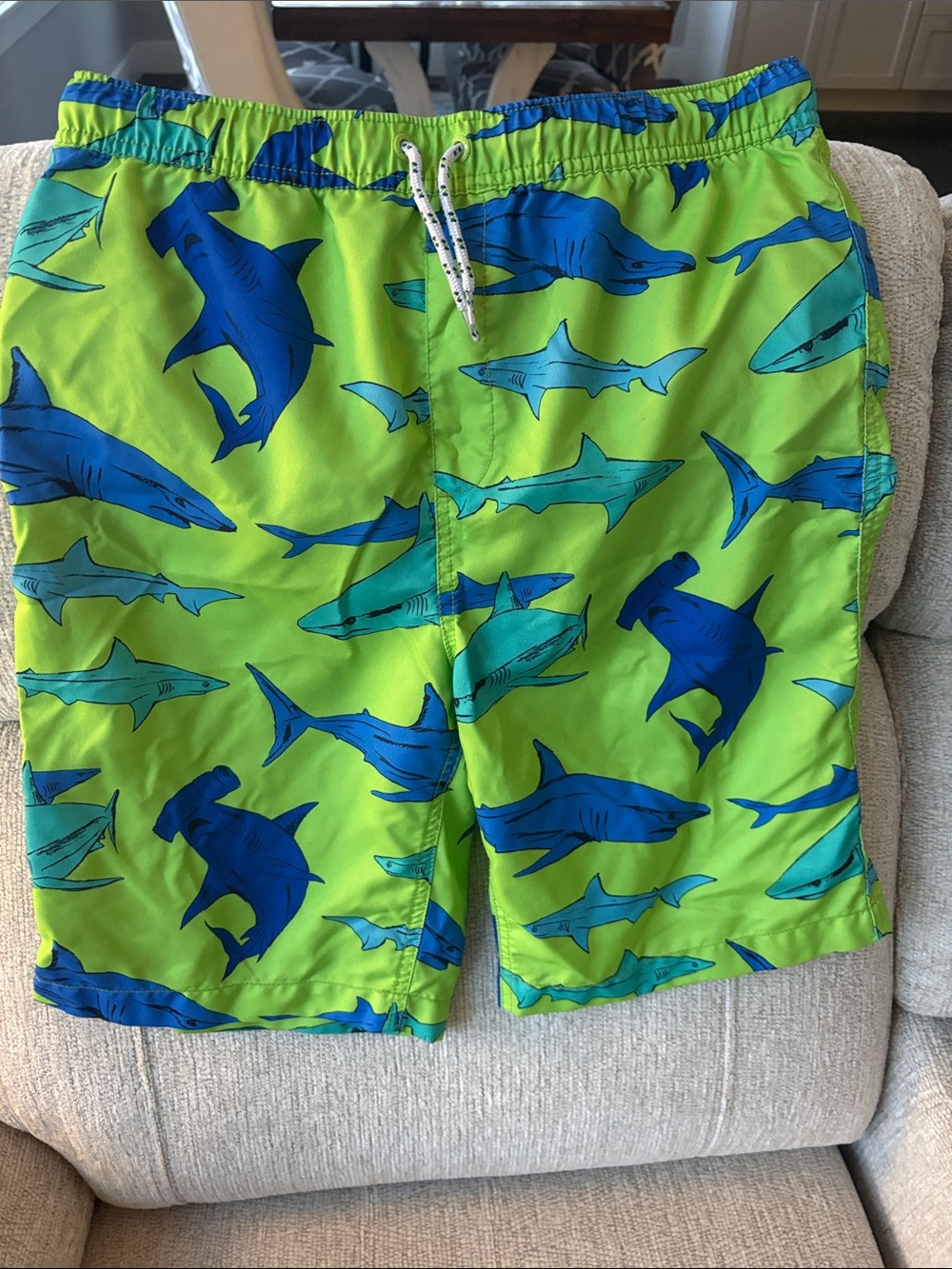 Lands' End Lined Bright Green Swim Trunks with Blue Shark Print